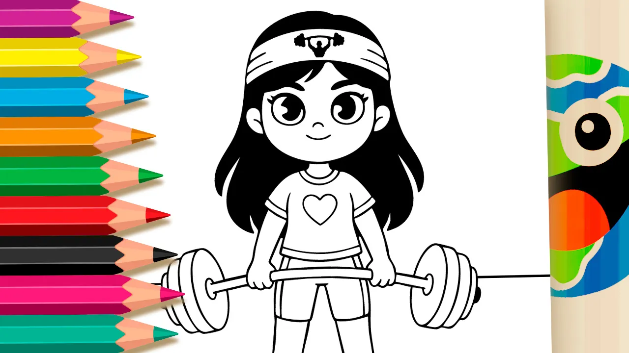 Cowgirl doing strength training holding dumbbells black and white coloring page outline