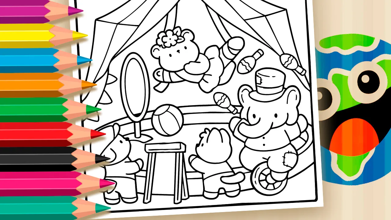 Cute circus theme coloring page with adorable animals performing and circus tent outline
