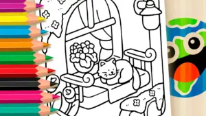 Coloring page Cute Kitten in the Window Coloring Page