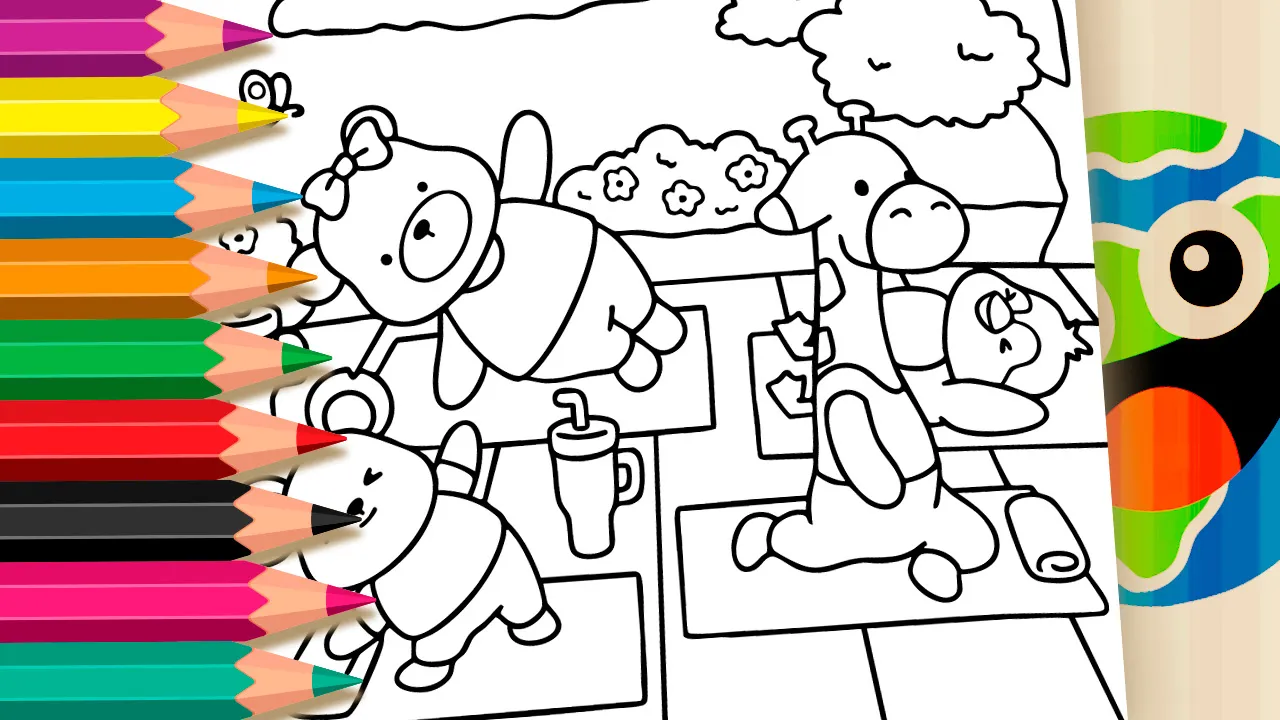 Cute animals doing yoga poses coloring page black and white outline