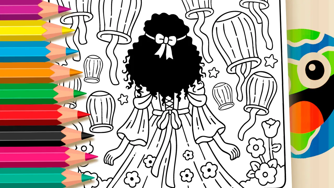 Girl with magical lanterns coloring page black and white outline showing a woman with curly hair and floating paper lanterns