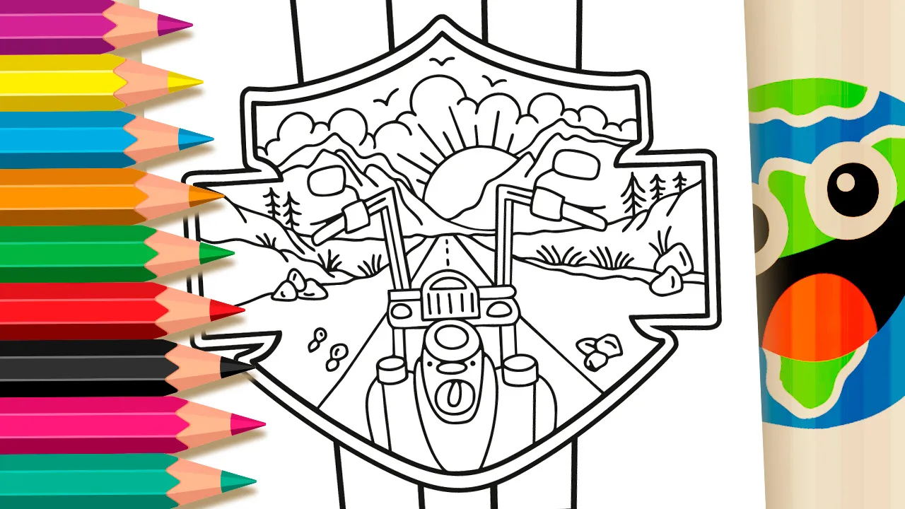 Harley-Davidson motorcycle front view coloring page with road, mountains, sun and birds black and white outline