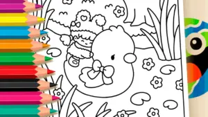 Coloring page Cute Kawaii Duck and Girl Coloring Page - Free Mobile Fun