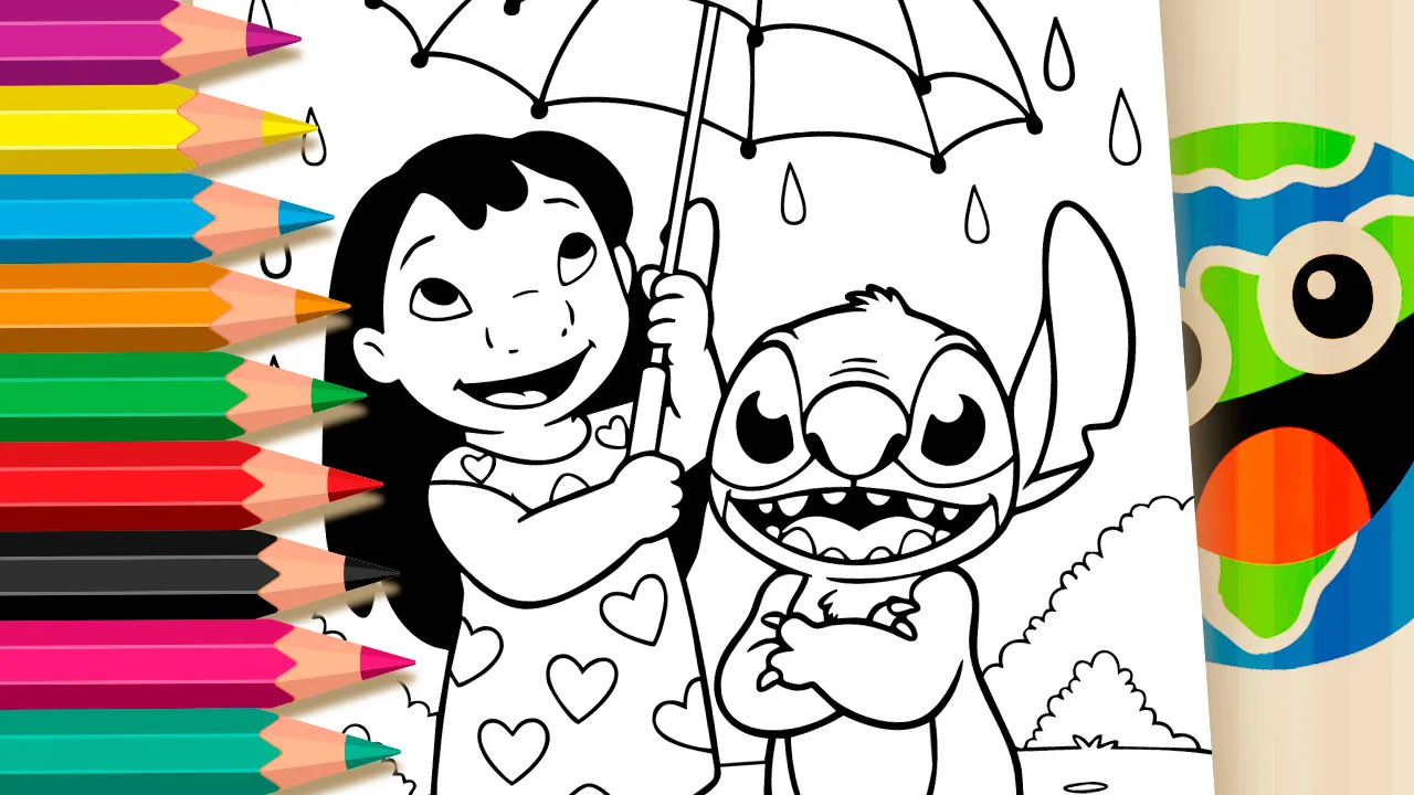 Lilo and Stitch sharing an umbrella on a rainy day coloring page black and white outline