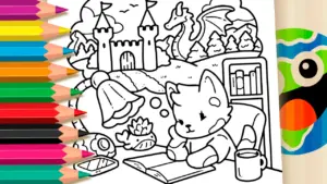 Coloring page Cute Little Fox Reading Coloring Page - Free Mobile Coloring Fun