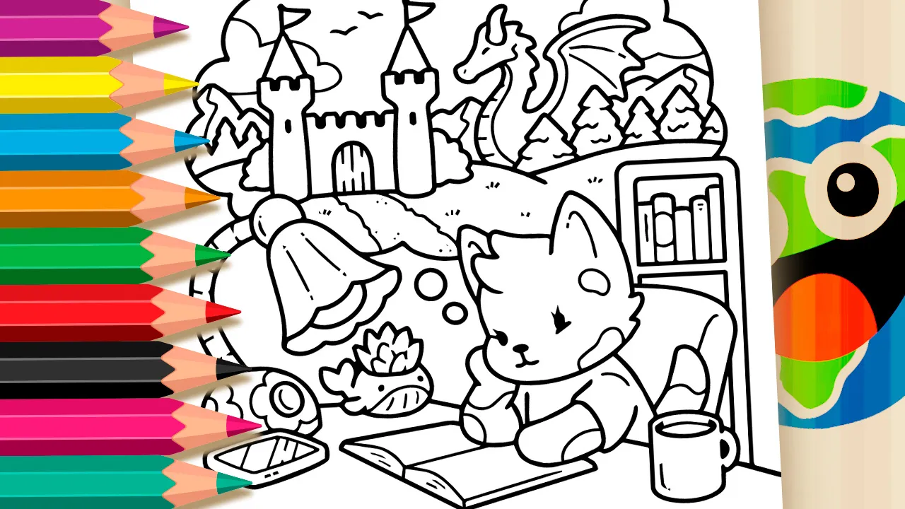 Cute little fox reading a book coloring page with fantasy castle, mountains, forest and dragon outlines