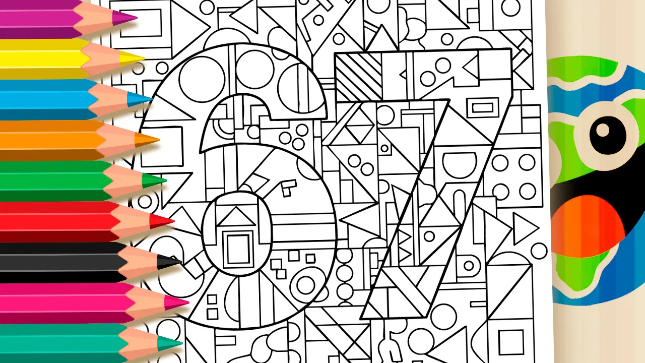 Number 67 mosaic style coloring page with geometric patterns black and white outline