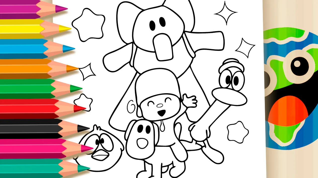 Pocoyo and friends waving coloring page with black and white outlines ready to color