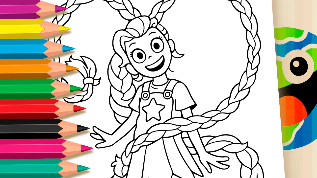 Poppy Playtime girl character coloring page with big smile and playful pose black and white outline