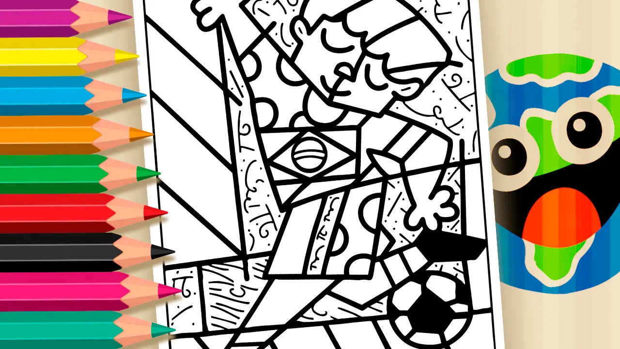 Romero Britto style soccer player coloring page black and white geometric outline for mobile coloring