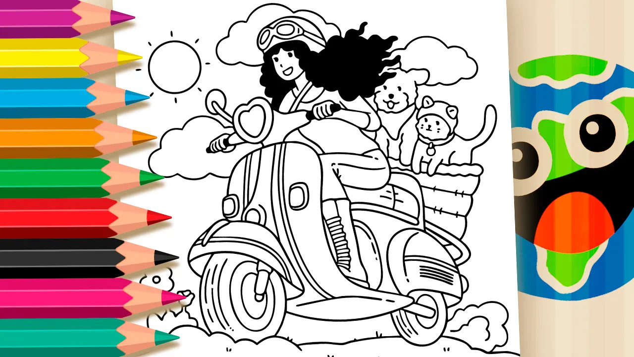 Scooter with Pets Free Coloring Page ▷ Color on Your Phone