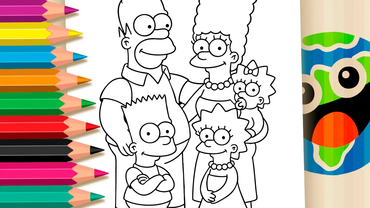 Simpsons family coloring page with Homer, Marge, Bart, Lisa and Maggie smiling black and white outline