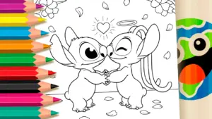 Coloring page Stitch and Angel Cute Character Coloring Pages - FREE to Paint