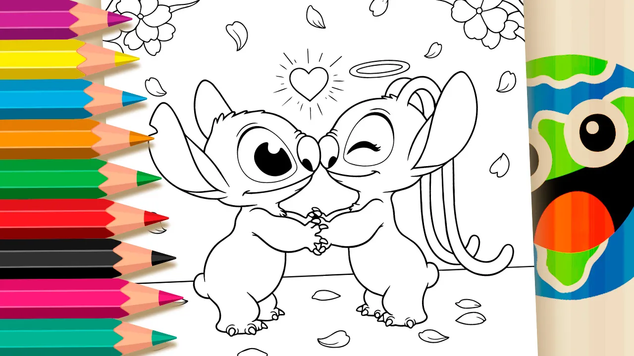 Stitch and Angel coloring page with cute characters nose to nose surrounded by falling cherry blossom petals and a glowing heart above