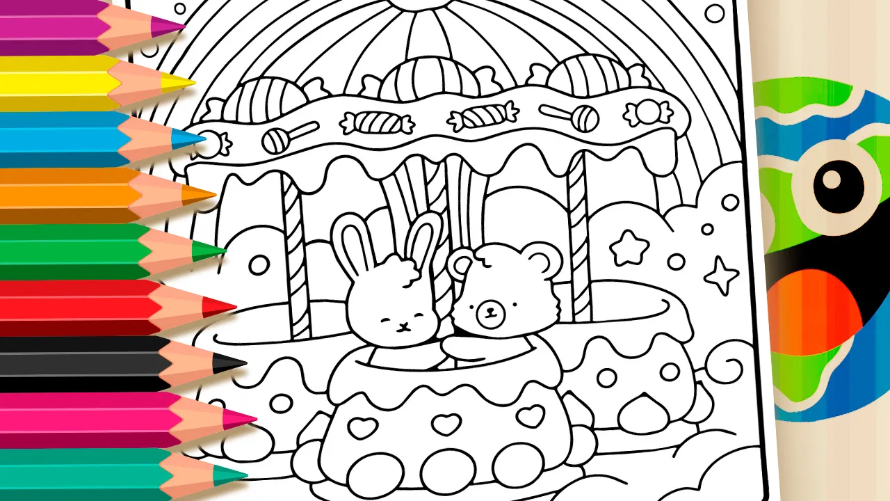 Sweet park with candy carousel and magical rainbow coloring page black and white outline