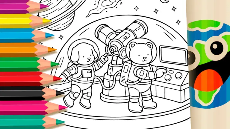 Teddy Bear and Puppy Space Adventure Coloring Pages - Cute & Kawaii Coloring Pages Online