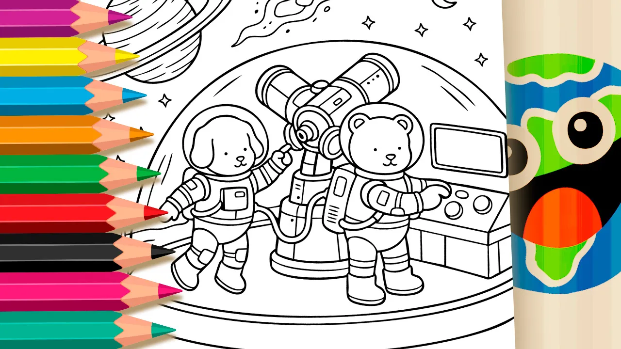 Teddy Bear and Puppy Space Adventure Coloring Pages