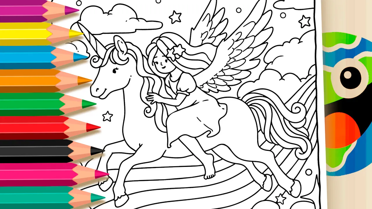 Unicorn and fairy magical coloring page black and white outline with rainbow and stars