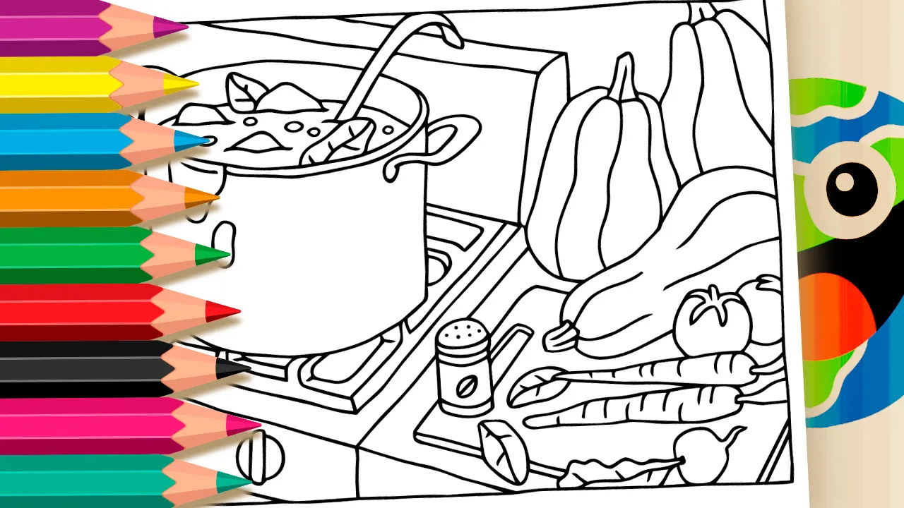 Free vegetable soup coloring page with bold outlines and simple shapes ideal for kids and adults