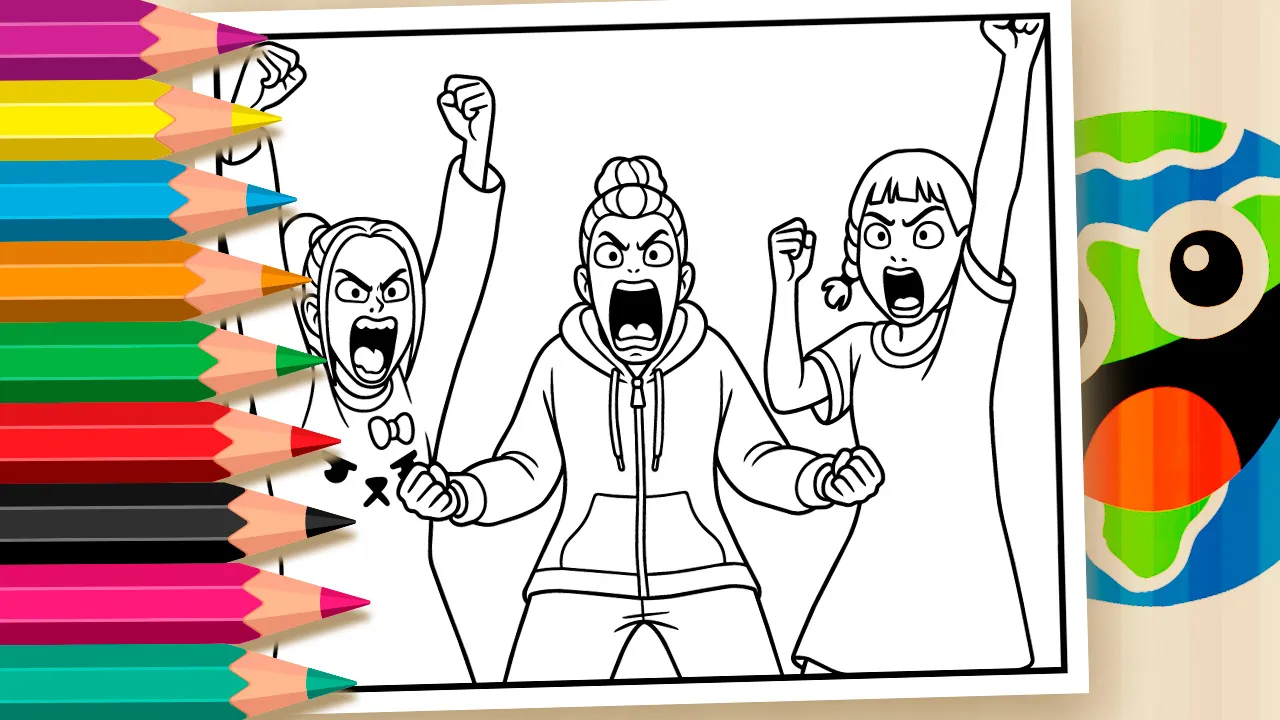Angry KPOP Warriors coloring page with three energetic girls shouting, black and white outline ready for coloring