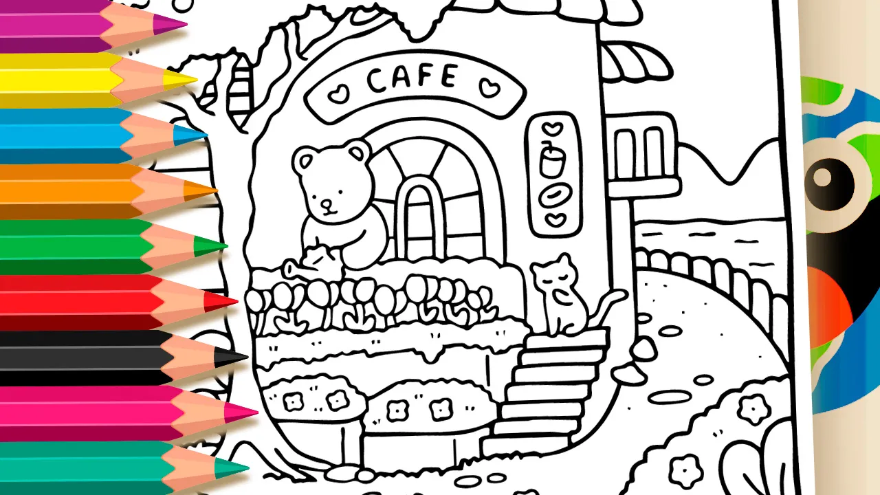 Cozy Coffee Theme Coloring Page – Bobbie Goods Style
