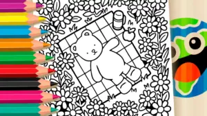 Coloring page Cute Bear Lying in the Garden Coloring Page