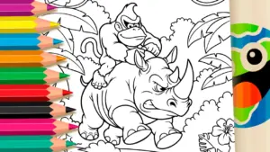 Coloring page Donkey Kong on a Rhinoceros Free Theme Coloring Page