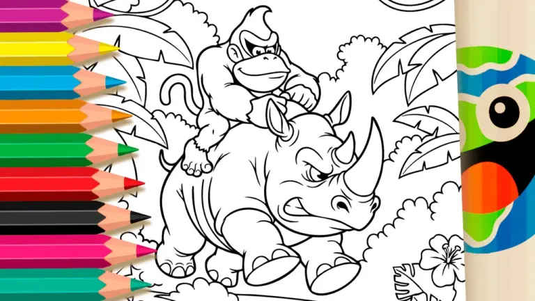 Donkey Kong on a Rhinoceros Free Theme Coloring Page - Famous Characters Coloring Pages