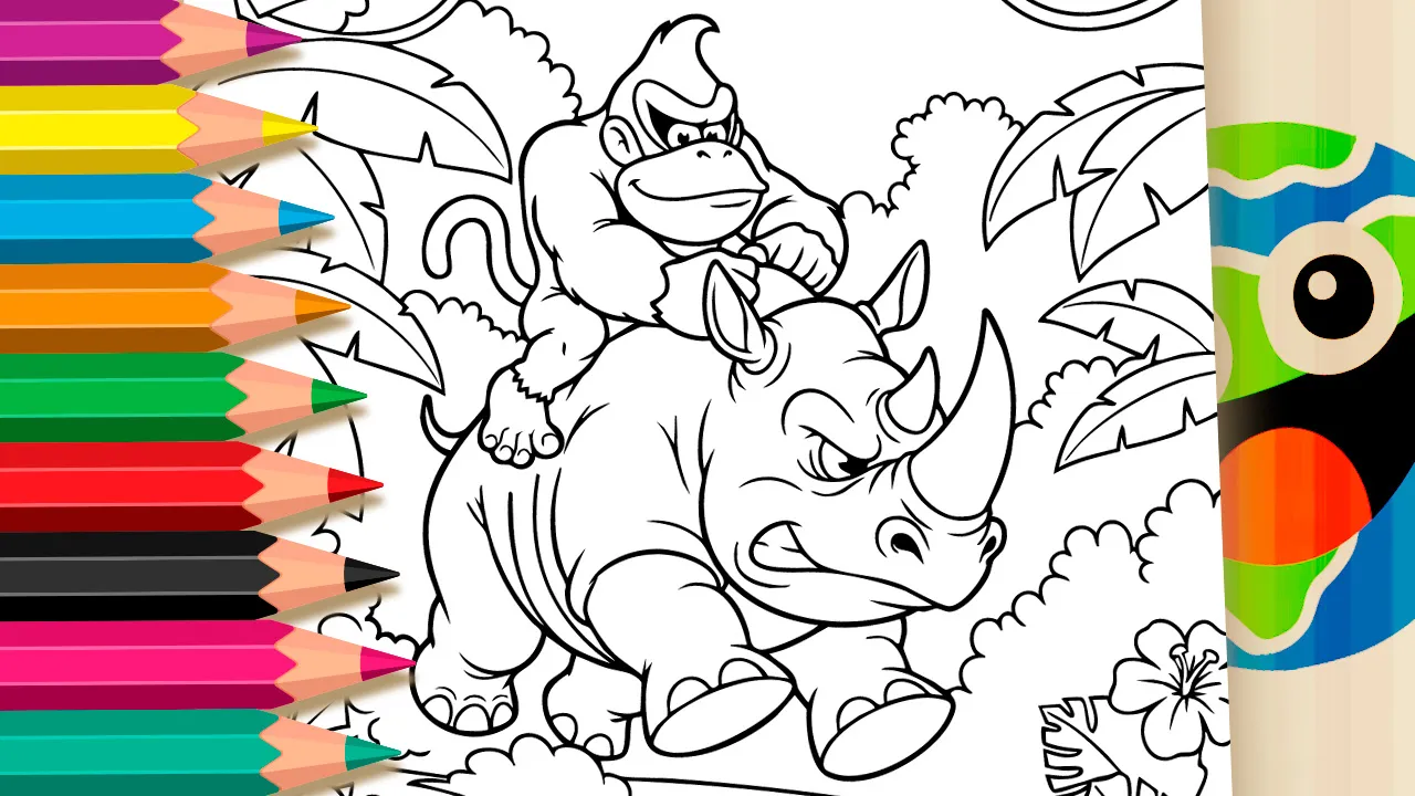 Donkey Kong riding a rhinoceros coloring page black and white outline for kids