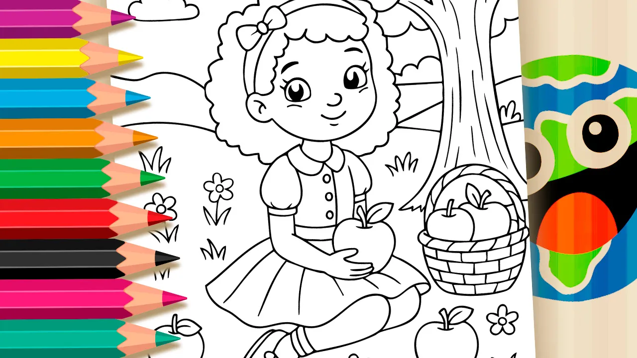 Girl sitting under an apple tree with red apples coloring page black and white outline