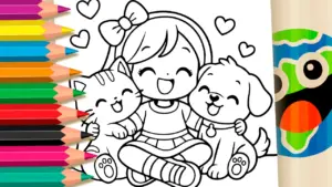 Coloring page Cute Girl Hugging Cat and Dog Coloring Page - Free Fun