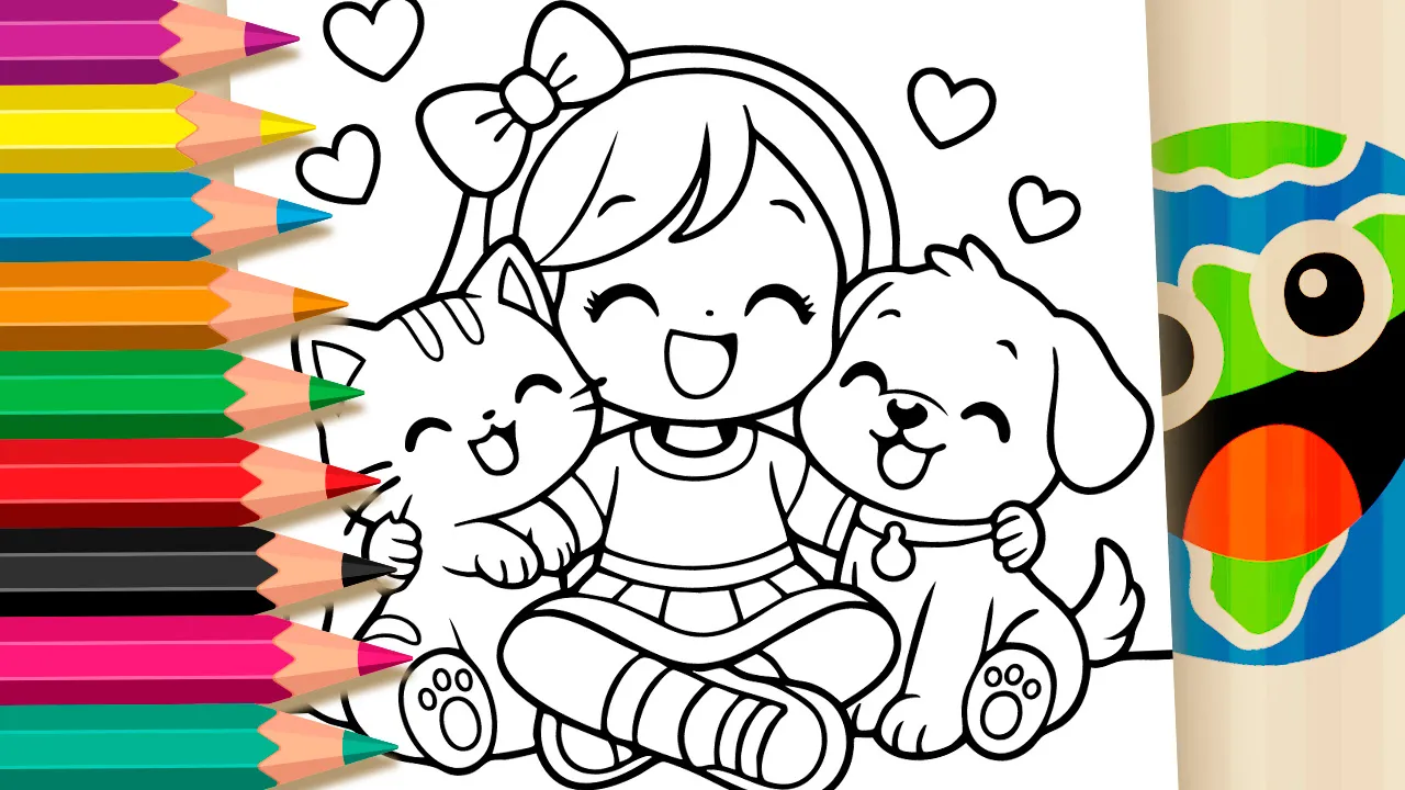 Cute Girl Hugging Cat and Dog Coloring Page – Free Fun