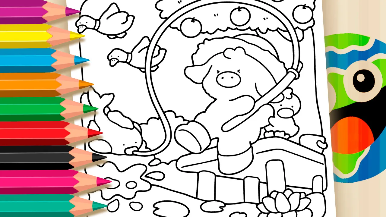 Kawaii cow fishing theme coloring page with a smiling cartoon cow sitting on a wooden pier holding a fishing rod black and white outline