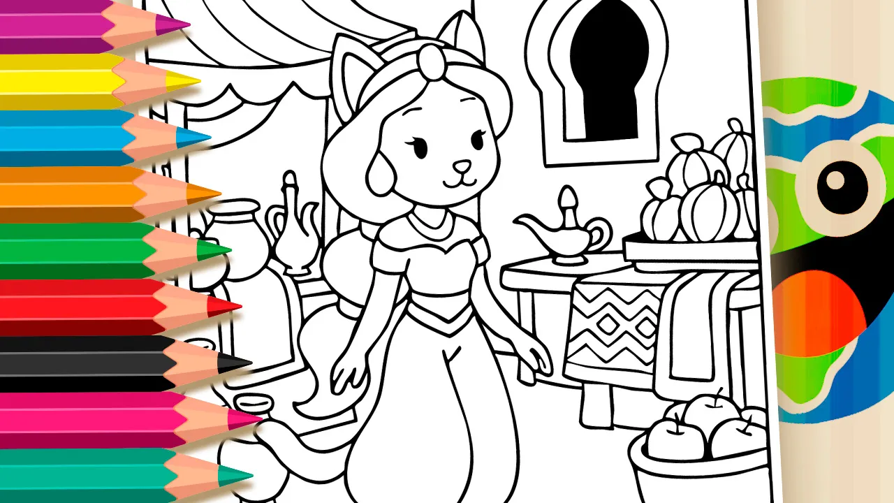 Kawaii Jasmine from Aladdin coloring page with a cute little fox in Agrabah market black and white outline