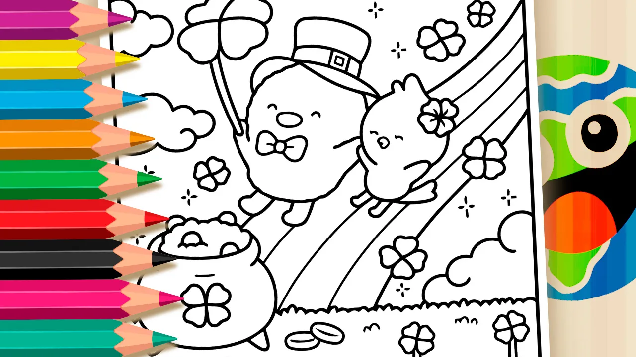 Lucky birds sliding down a rainbow to a pot of gold coloring page black and white outline