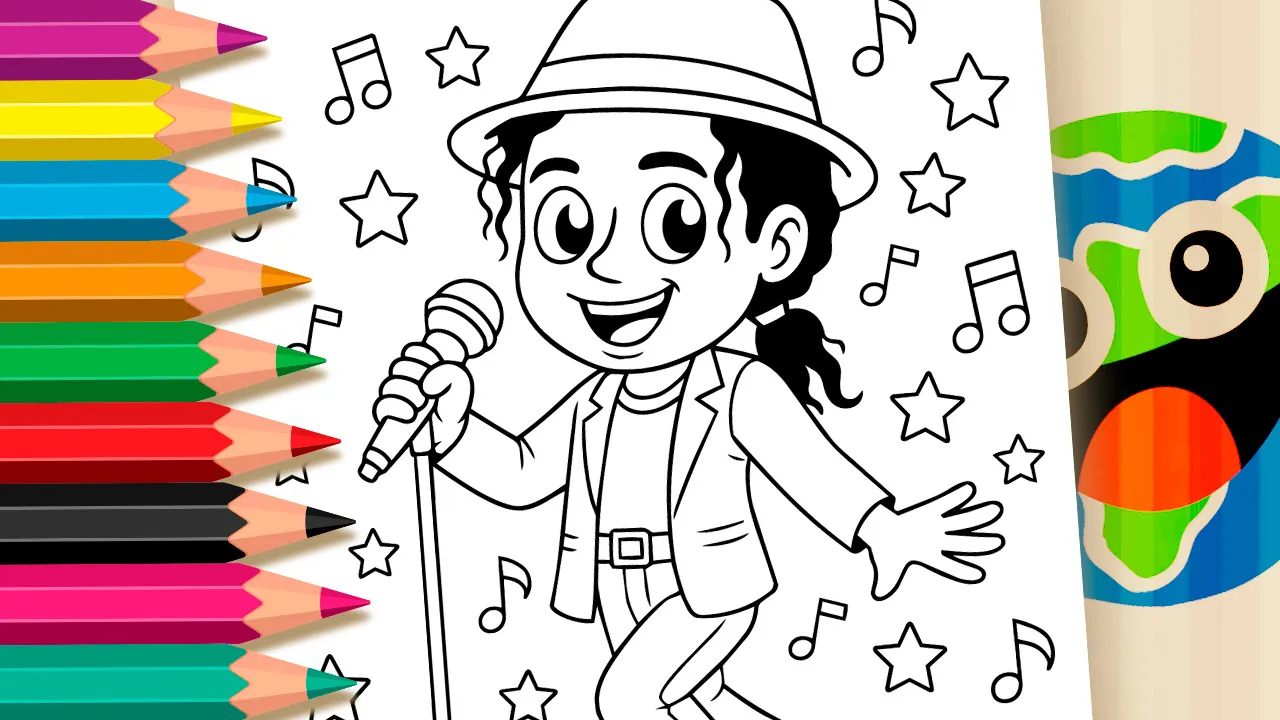 Black and white outline coloring page of Michael Jackson singing with microphone surrounded by stars and musical notes
