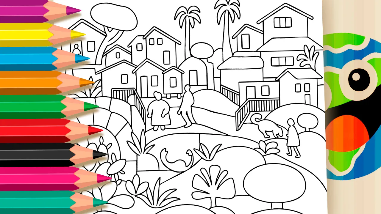 Line art coloring page of Morro da Favela painting by Tarsila do Amaral showing houses on a hillside with rounded shapes