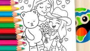 Coloring page Mother, Daughter and Teddy Bear Theme Coloring Page - Free Online Fun