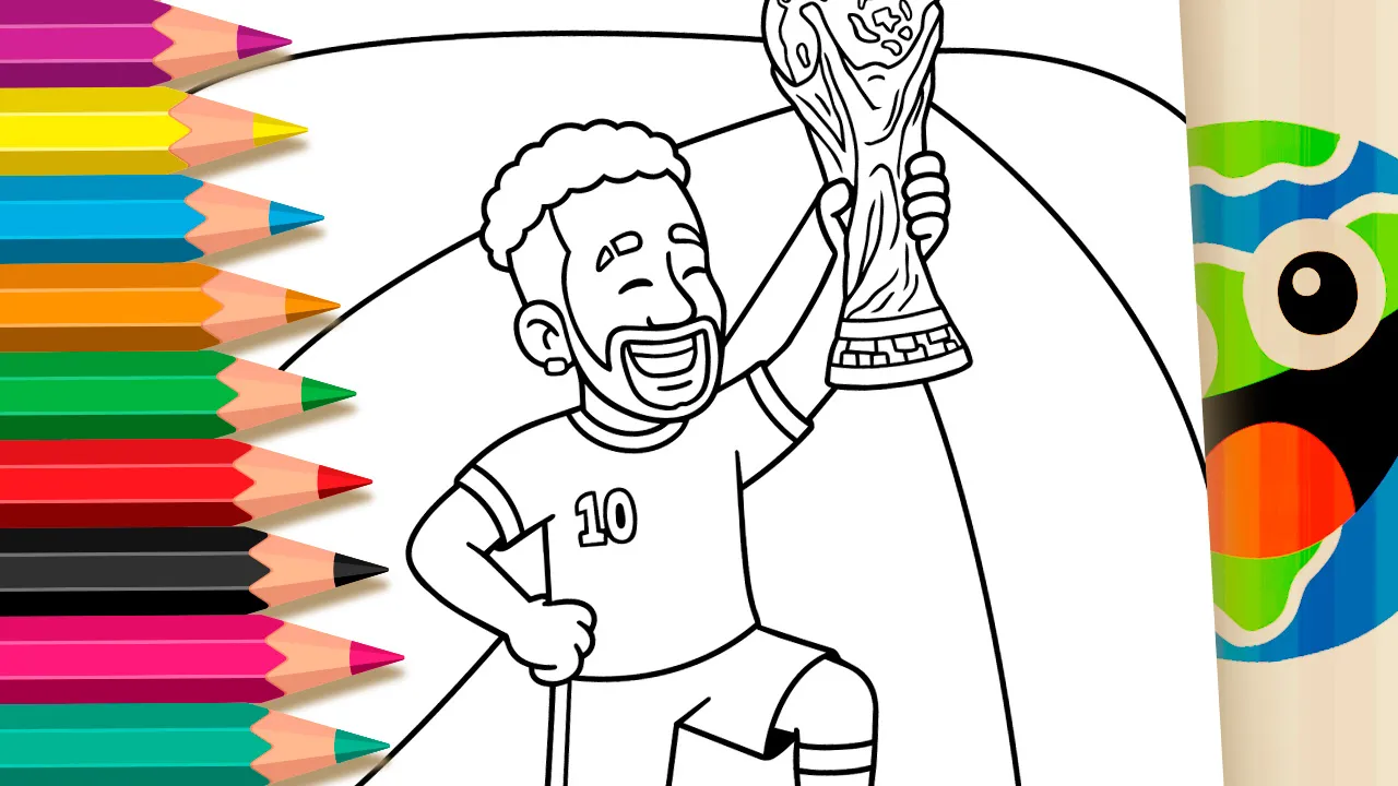 Neymar World Cup Champion coloring page black and white outline showing Neymar holding the trophy