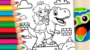 Coloring page Princess Peach Riding a T-Rex - Fun Dinosaur Coloring Page