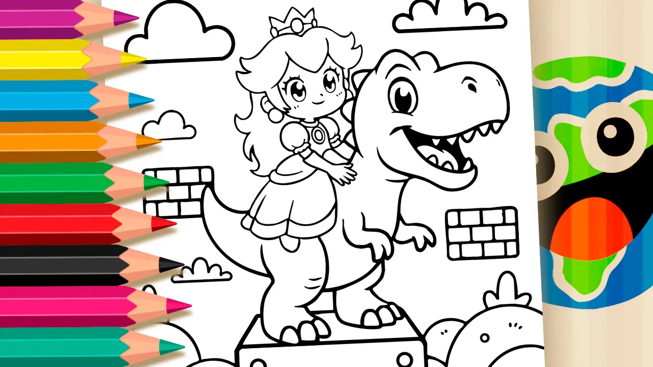 Princess Peach Riding a T-Rex – Fun Dinosaur Coloring Page