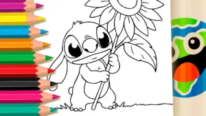 Coloring page Stitch with Sunflower Free Coloring Page ▷ Color Online