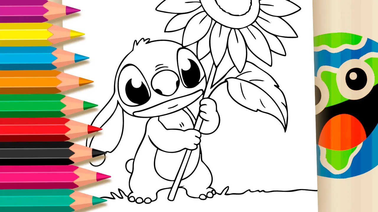 Stitch holding a large sunflower standing on grass coloring page black and white outline