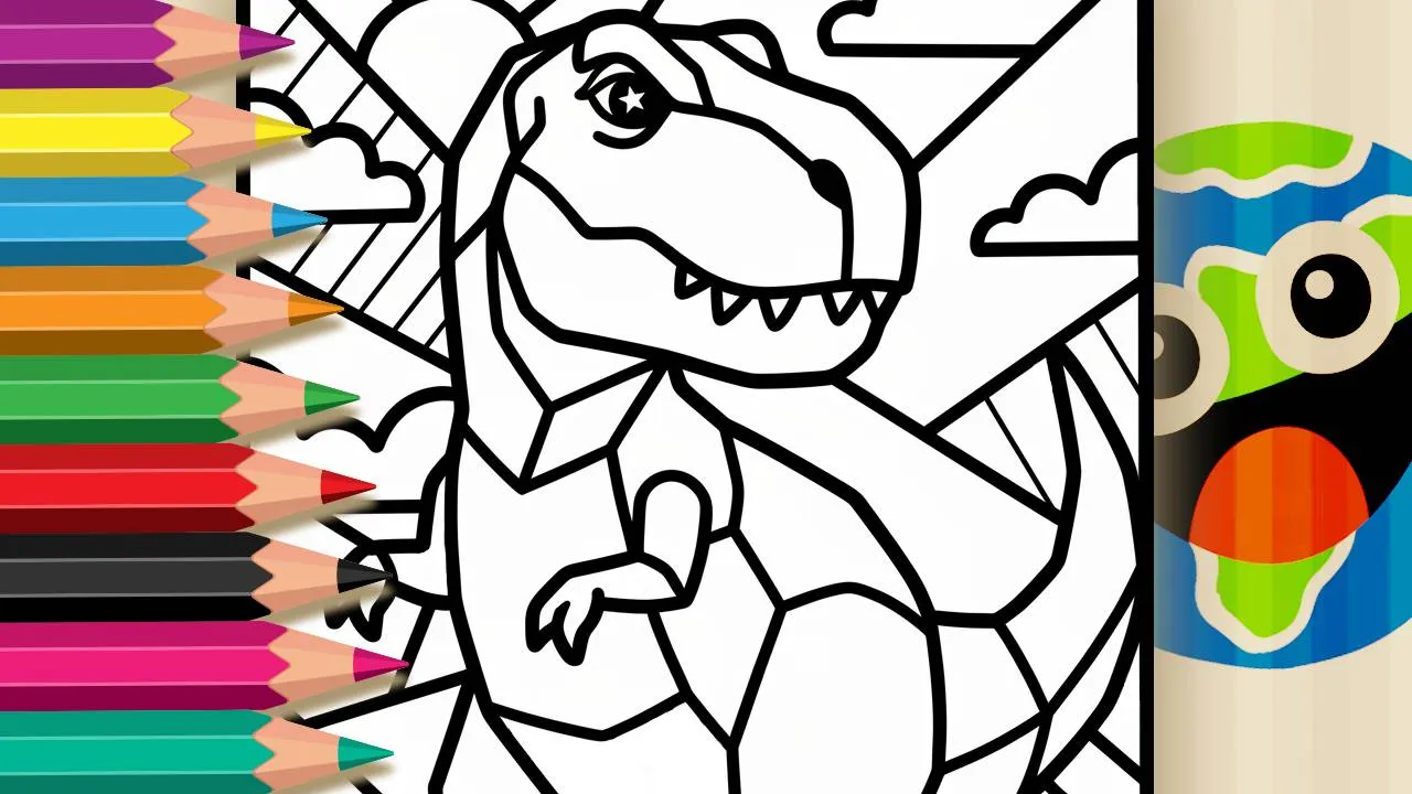 Romero Britto style T-Rex dinosaur coloring page with bold black outlines and playful geometric patterns