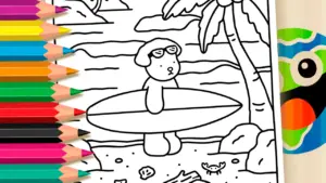 Bobbie Goods Style Surfboard Dog Theme Coloring Page