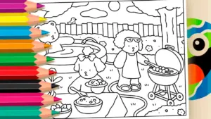 Friends’ Backyard Barbecue Coloring Pages in Bobbie Goods Style