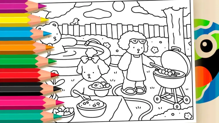 Friends’ Backyard Barbecue Coloring Pages in Bobbie Goods Style - Cute & Kawaii Coloring Pages Online