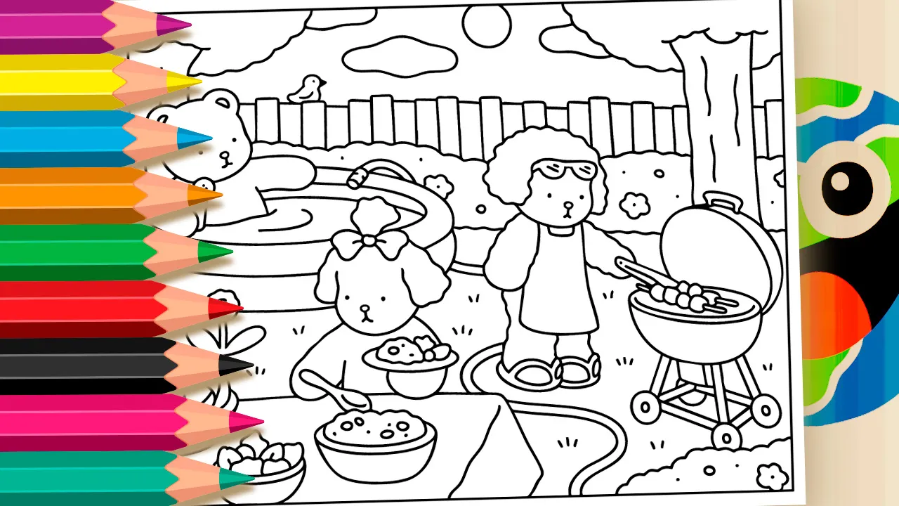 Friends’ Backyard Barbecue Coloring Pages in Bobbie Goods Style