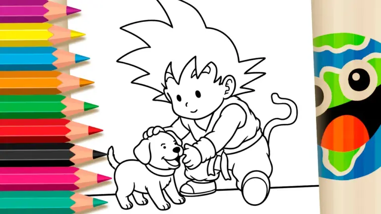 Goku with Puppy Theme Coloring Page - Famous Characters Coloring Pages