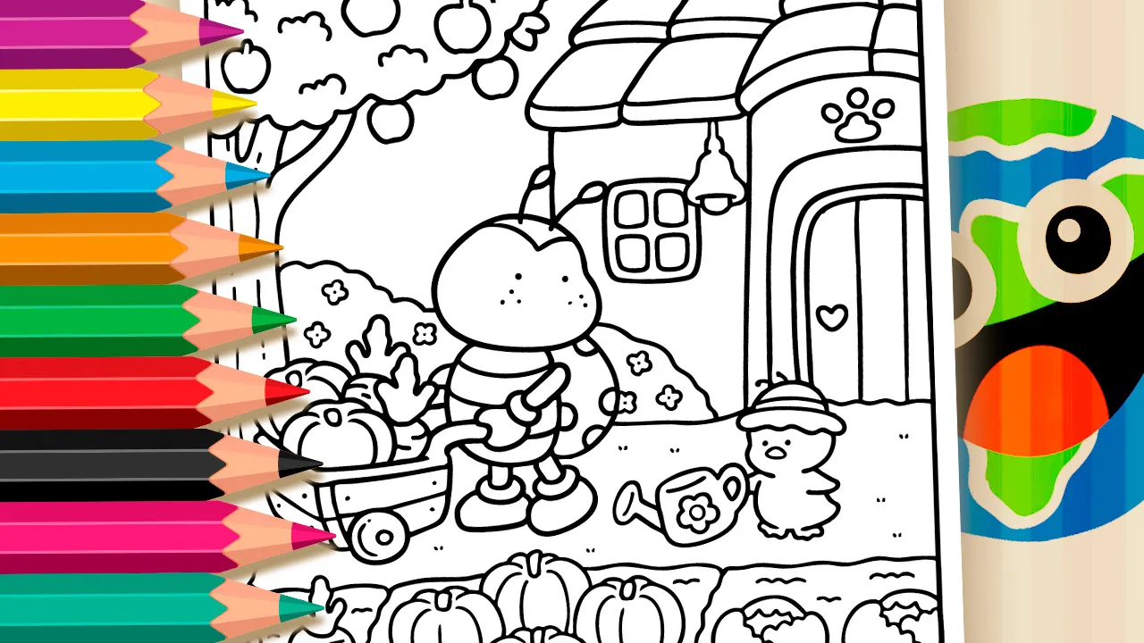 Harvest Day Fun coloring page in Coco Wyo style featuring a ladybug with shoes pushing a wheelbarrow and a chick watering flowers black and white outline